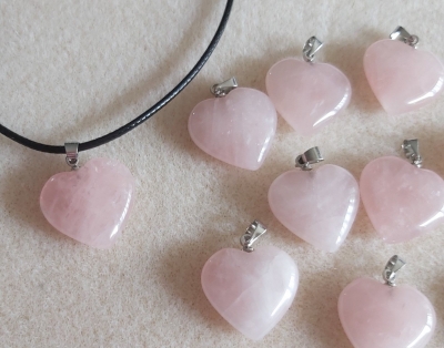 A Rose Quartz carved and polished Heart pendant, With Black Cord 18" Chain with 2" Extension - Heart 20mm x 20mm.