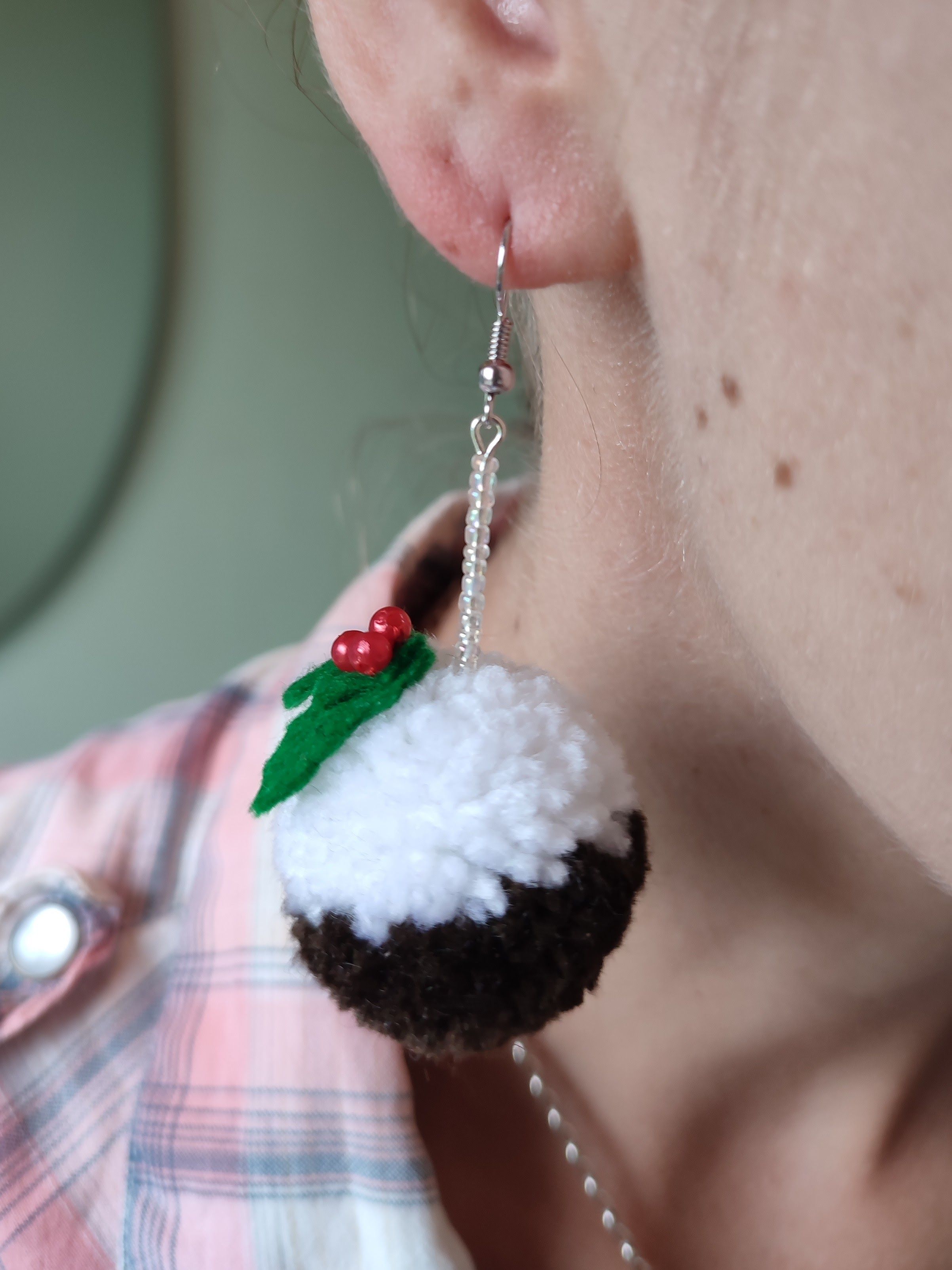 Christmas pudding pom pom earrings on 925 sterling silver earring hooks